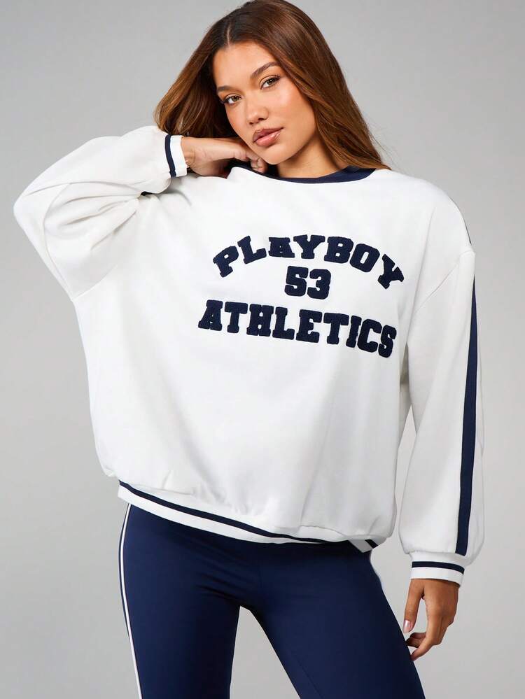 Missguided x Playboy Vintage Inspired Varsity Style Crew Neck Long Sleeve Sweatshirt With Athletic Number Print And Contrast Stripe Detailing For Casual Everyday Wear