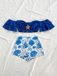 Soleia 2pcs Set: Shoulder Top With Ocean Print Shorts, Metallic Starfish Decor, Knit Stretch Fabric, Autumn/Winter - Blue and White - View 5