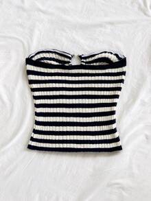 Soleia Women's Chic Navy Blue And White Striped Knit Tube Top With Metal Decor,Hollow Out Design,Summer Vacation Beach Camisole For Spring Everyday Wear - Multicolor - View 2