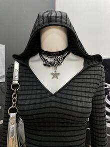 SHEIN Unity Sudadera con capucha de manga larga a rayas grises y negras de estilo gótico punk para mujer - Gris Oscuro - Ver 6