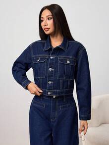 SHEIN PETITE 女士休闲水洗短款牛仔外套，秋冬季舒适休闲百搭通勤水洗牛仔外套