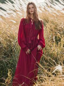 Florisole 女士秋冬波西米亚浪漫花卉蕾丝下摆A字连衣裙，酒红色 - 彩色 - 查看 8