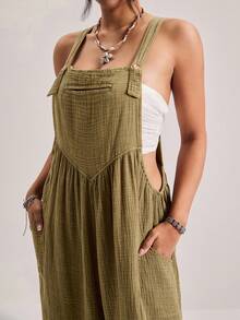 Freevana 大码休闲纯色抽绳哈伦连体裤 橄榄绿 夏季波西米亚风女装 乡村西部休闲口袋 - 軍綠色 - 查看 3
