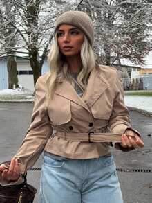 Jeta Ari Abrigo de mujer elegante de nueva temporada otoño/invierno, versátil para uso diario y casual, cómodo, nuevo abrigo de trinchera de mujer con bolsillos y cinturón en color caqui, estilo "Old Money" para volver al colegio, abrigo de mujer de negocios casuales de otoño/invierno, chaqueta con cinturón, chaqueta corta, blazer de mujer de cuello en V, cintura, traje de lino mezcla, sin cuello, manga larga, abrigo ligero para otoño/aeropuerto/salir - Caqui - Ver 7