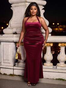 Hourglow Ceceforeign_ Plus Size Elegant Solid Color Backless Halter Neck Dress, For Autumn /Winter, For Hourglass Body Shape - Burgundy - View 6