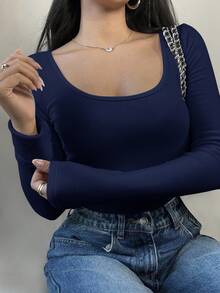 SHEIN BASICS Women's Casual Solid Color Knit Scoop Neck Long Sleeve Slim Fit T-Shirt, Upgraded Thermal Fabric, Thermal Lined Without Bulkiness, Slim Fitted Stretch Undershirt Tee Blouse For Fall And Winter Dark Blue Top Navy Blue Tops Basic Top - Navy Blue - View 3