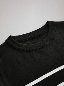 Officeau Men's Striped Crew Neck Black Knit Sweater, Long Sleeve , Fall Winter - Black - View 3