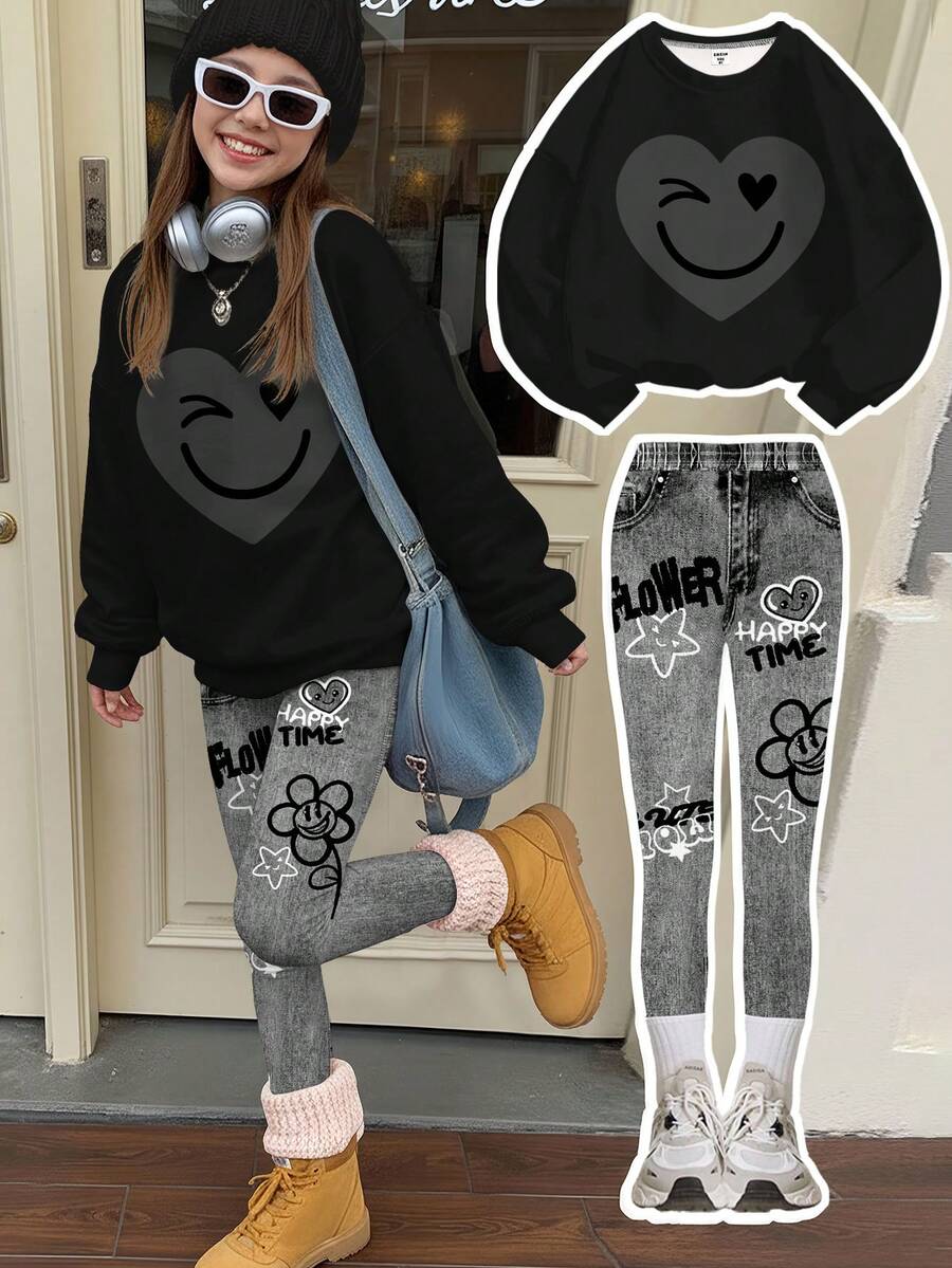 SHEIN Leap Crew 全黑涂鸦可爱爱心和人脸图案少女休闲柔软加厚保暖圆领长袖卫衣和打底裤套装,适合秋冬季日常、居家、外出、休闲假期、舒适季节、秋冬穿搭、轻松舒适、适合小女孩秋冬叠穿、时尚女孩、休闲装、儿童涂鸦爱心图案服装、秋冬服装、时尚秋季、新款式、冬季时尚、凉爽舒适。 - 彩色 - 查看 1