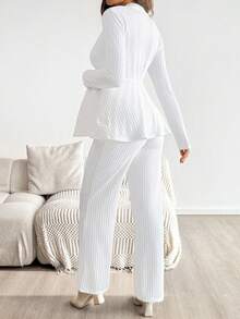 SHEIN Bộ 2 món áo thun dài tay cổ tròn trơn màu đơn giản cho bà bầu và quần dài, mùa thu - trắng - Xem 2