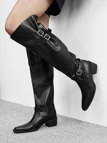 CUCCOO BIZCHIC Women's Fashionable Versatile Commuting Adjustable Buckle Chunky Heel Over-The-Knee Boots For Christmas - Black - View 5