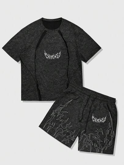 Goth Herren Lässig Bedrucktes Rundhals T-Shirt & Shorts Set
