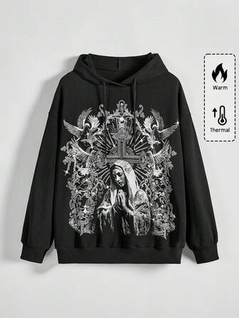 Plus Size Gothic Y2K Saint Church Starry Cross Pattern Black Hoodie Sweatshirt, Autumn/Winter Plus Size Women Casual Loose Fit Black Pullover Hoodie Top