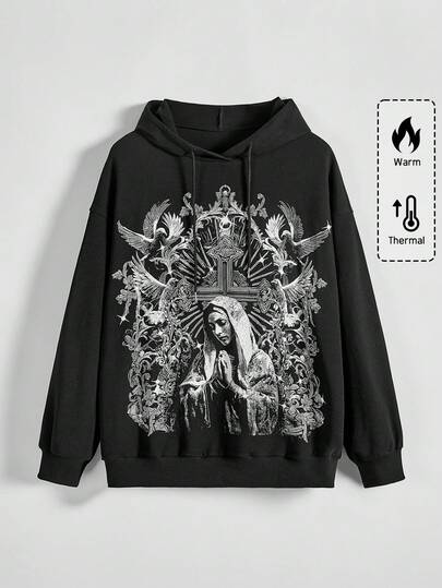 Plus Size Gothic Y2K Saint Church Starry Cross Pattern Black Hoodie Sweatshirt, Autumn/Winter Plus Size Women Casual Loose Fit Black Pullover Hoodie Top
