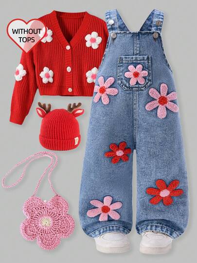 SHEIN Peto de mezclilla lavada para niñas bebé, mono holgado con estampado floral