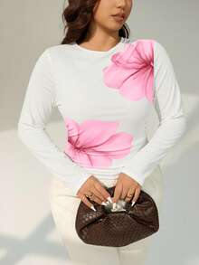 SHEIN Essnce Plus Size Contrast Color Floral Print Round Neck Long Sleeve T-Shirt - Pink - View 4
