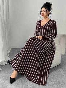 Modelyn Plus Size V-Neck Raglan Sleeve Lantern Sleeve Casual Knit Dress, Polar Fleece - Burgundy - View 4