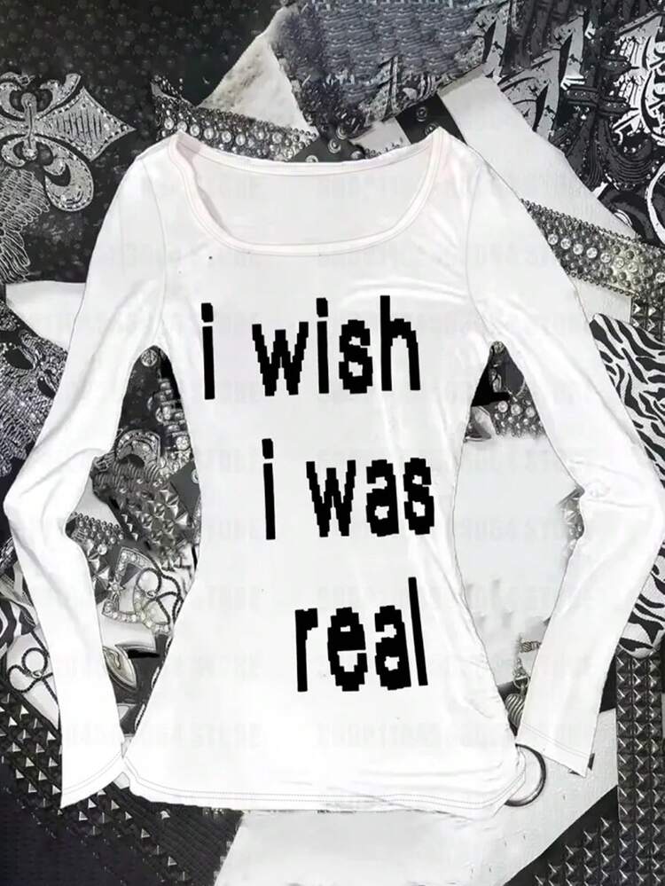 Noixe T-shirt à manches longues à la mode, col rond et imprimé lettres pour femme