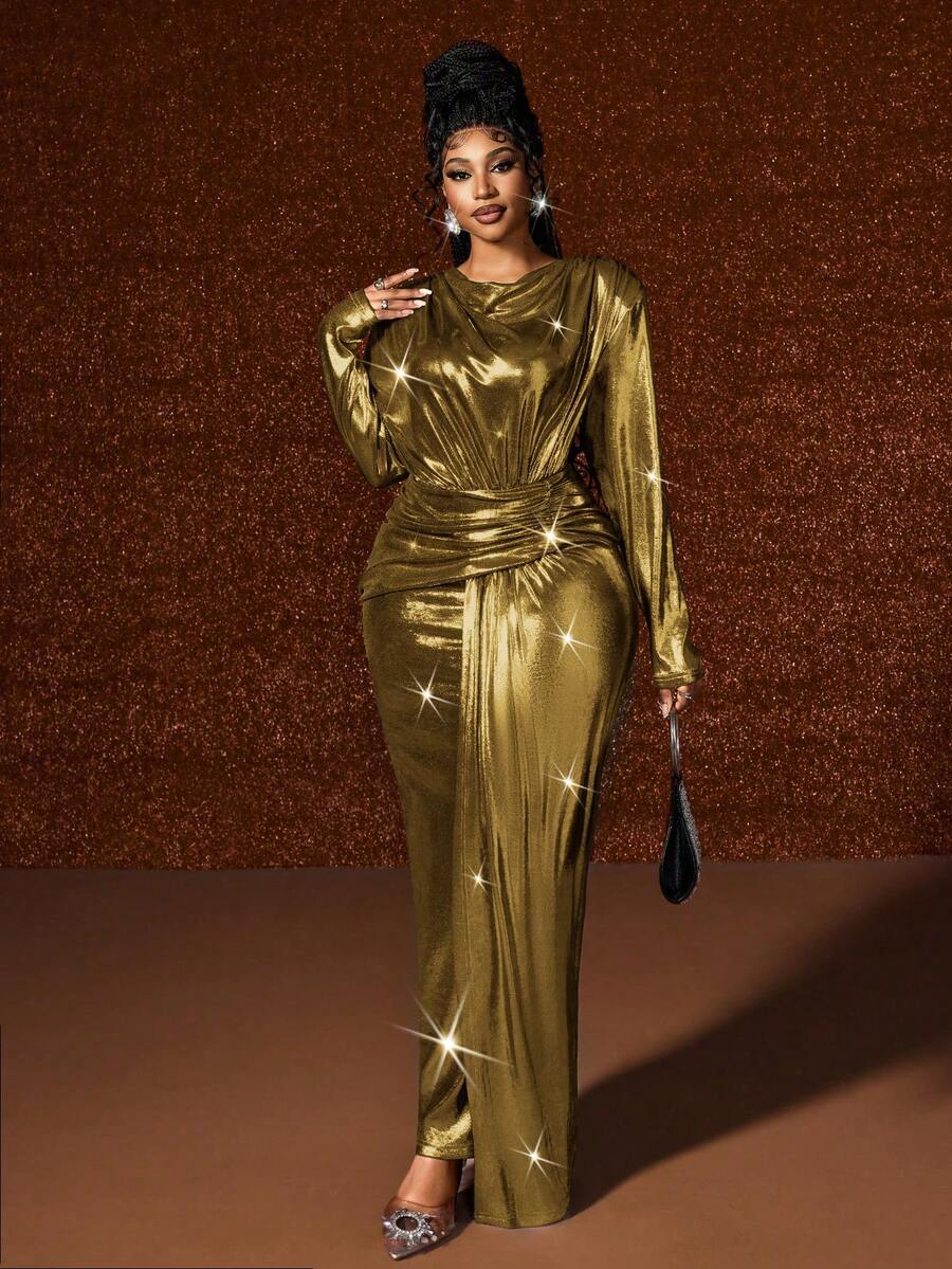 Maweii 大码长袖高端未来主义时尚优雅闪亮连衣裙 - 金色 - 查看 1