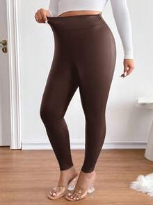 Lounesse Plus Solid High Waist PU Leather Leggings - Brown - View 3