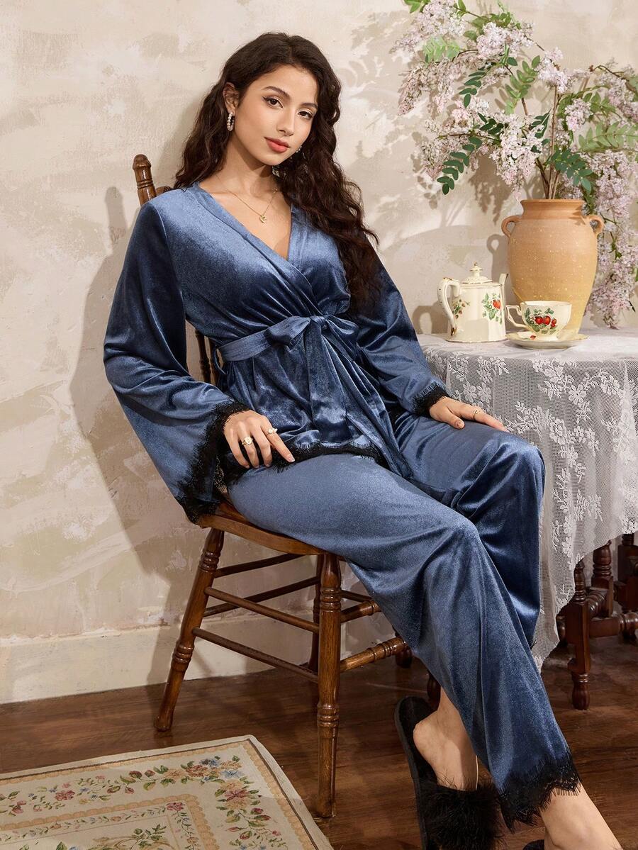 Côtesoire Women's Solid Color Velvet Lace Patchwork Long Sleeve Pajama Set - Dusty Blue - View 1