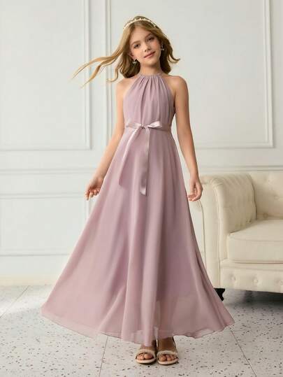 优雅花童礼服，适合毕业典礼、婚礼、舞会、万圣节、圣诞节等场合——薰衣草色缎面雪纺吊带长腰带无袖长裙，适合少女，返校时尚薄纱公主裙