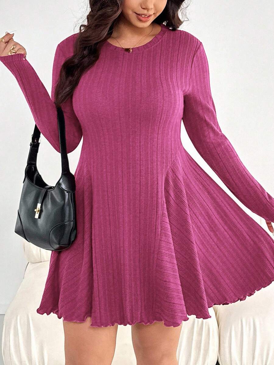 SHEIN Essnce Đầm ngắn tay dài màu hồng dáng suông thoải mái, ấm áp, dành cho nữ cỡ lớn, thời trang thu đông, trang phục mùa thu, đầm ôm dáng, kiểu dáng đơn giản, đầm năm mới cho nữ. - Màu Hồng Tươi - Xem 1
