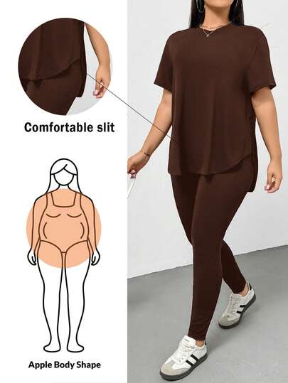 SHEIN Essnce Plus Size Women's Spring And Summer Fashion Casual Sports Comfortable Basic Versatile Slimming Daily Brown Short-Sleeved T-Shirt And Leggings Two Pieces Set,Pants Set,Street Wear,Airport Outfits,Summer Outfits For Women,Going Out Outfits,Y2k Clothes,Minimalist Style,Church Clothes For Women