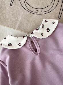 SHEIN Baby Girl 6Months-3year 2pcs/Set Fall Outfits For Girl Casual Daily Style Loose Suit, Flower-Printing Collar Long Sleeves Topt&Flower-Printing Long Simple Basic Pants - Purple - View 6