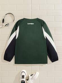 Casuvi Kids Tween Boy Color Block Letter Print Casual Loose Fit Long Sleeve T-Shirt - Green - View 2