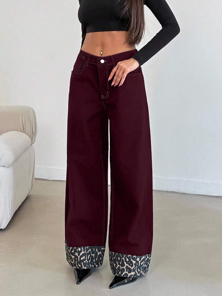 EURMUSE HIGH RISE WIDELEG JEAN WITH LEOPARD PETITE - Burgundy - View 1