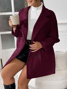 SHEIN Essnce Áo khoác nữ cỡ lớn mùa thu và mùa đông, thời trang mới, phong cách thường ngày, thanh lịch, công sở, màu mơ trơn, chất liệu len, áo khoác mùa đông nữ, áo khoác thu nữ, áo khoác mùa đông nữ, áo khoác kiểu sơ mi, áo khoác cổ ve, áo khoác có túi. - Màu Đỏ Sâu - Xem 3