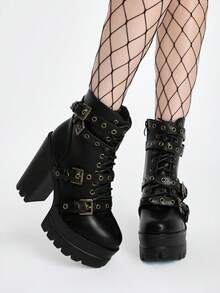 ROMWE Grunge Punk 秋冬女式时尚踝靴2025新款高跟防水台靴厚底圆头摩托车短靴女靴