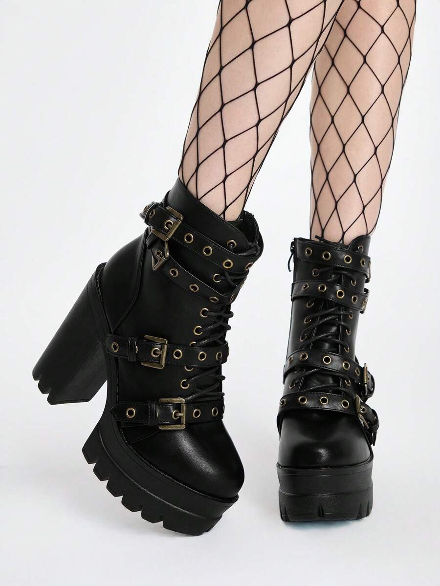 ROMWE Grunge Punk 秋冬女式时尚踝靴2025新款高跟防水台靴厚底圆头摩托车短靴女靴