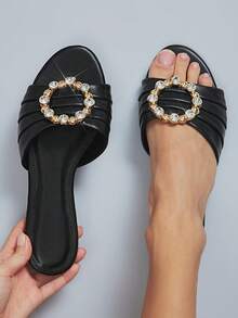 SHUZIA Women's Minimalist Elegant Rhinestone Decor Flat Sandals Valentine's Day - Black - View 5