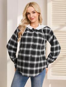 SHEIN 孕妇格子长袖连帽纽扣抽绳休闲衬衫 - 彩色 - 查看 4