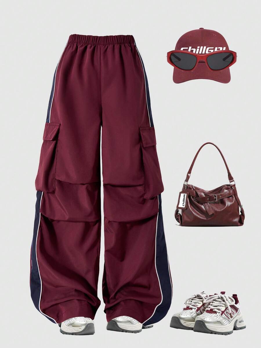 SHEIN ChillGRL Streecool Tween Girl 松紧腰宽松红色阔腿休闲裤，适合返校和日常街头穿着