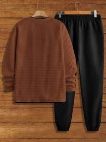 HIMLAND Manfinity Modomio 2pcs Men's Knit Slim Fit Crew Neck Long Sleeve T-Shirt And Elastic Waist Straight Leg Casual Pants Set, Suitable For Autumn And Winter Men Tracksuit Brown Set Men Men Knit Set Men 2 Piece Set Men Casual Sets Men Plus Size Set