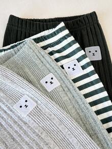 SHEIN 4pcs Baby Boys' Casual Daily Elastic Waist Fleece Uneven Ribbed Striped Dark Green Green Gray Embroidered Smiling Face Embroidered Patch Pants, Comfortable For Outings Or Home, Suitable For Spring/Autumn - Multicolor - View 3