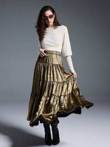 MYSTAURA Women's Metallic Elastic Waist Layered Ruffle Hem Fashionable Skirt - Gold - View 5