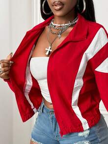 BamGleam Women's Casual Red And White Short Coat With Random Print And Zipper Details Woven Fabric Collar - Red and White - View 4