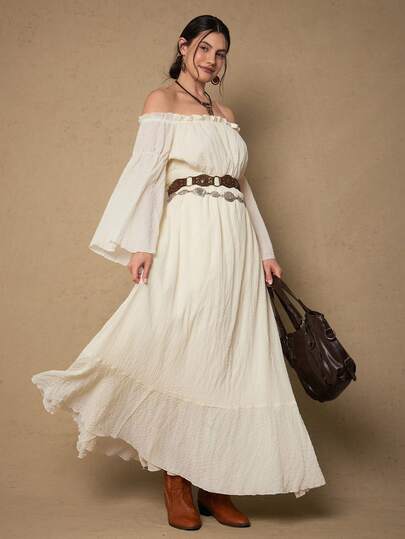 Freevana Plus Size Solid Color Minimalist Off-Shoulder Dress, Everyday Wear Boho Women Clothing Country Romantic White Maxi Dress Women Bohemian Dress Off Shoulder White Dress Western White Dress