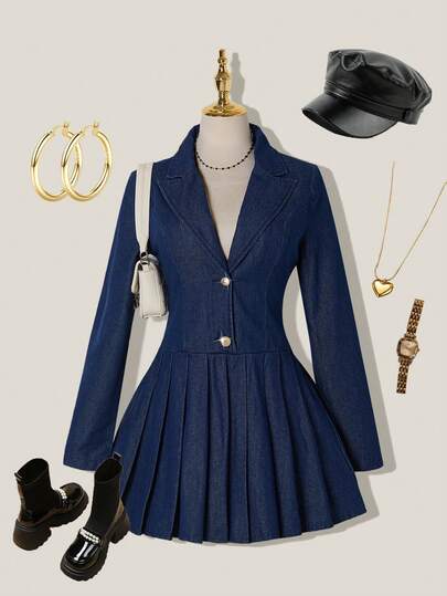 SHEIN MOD 女士翻领长袖褶裥下摆休闲牛仔连衣裙