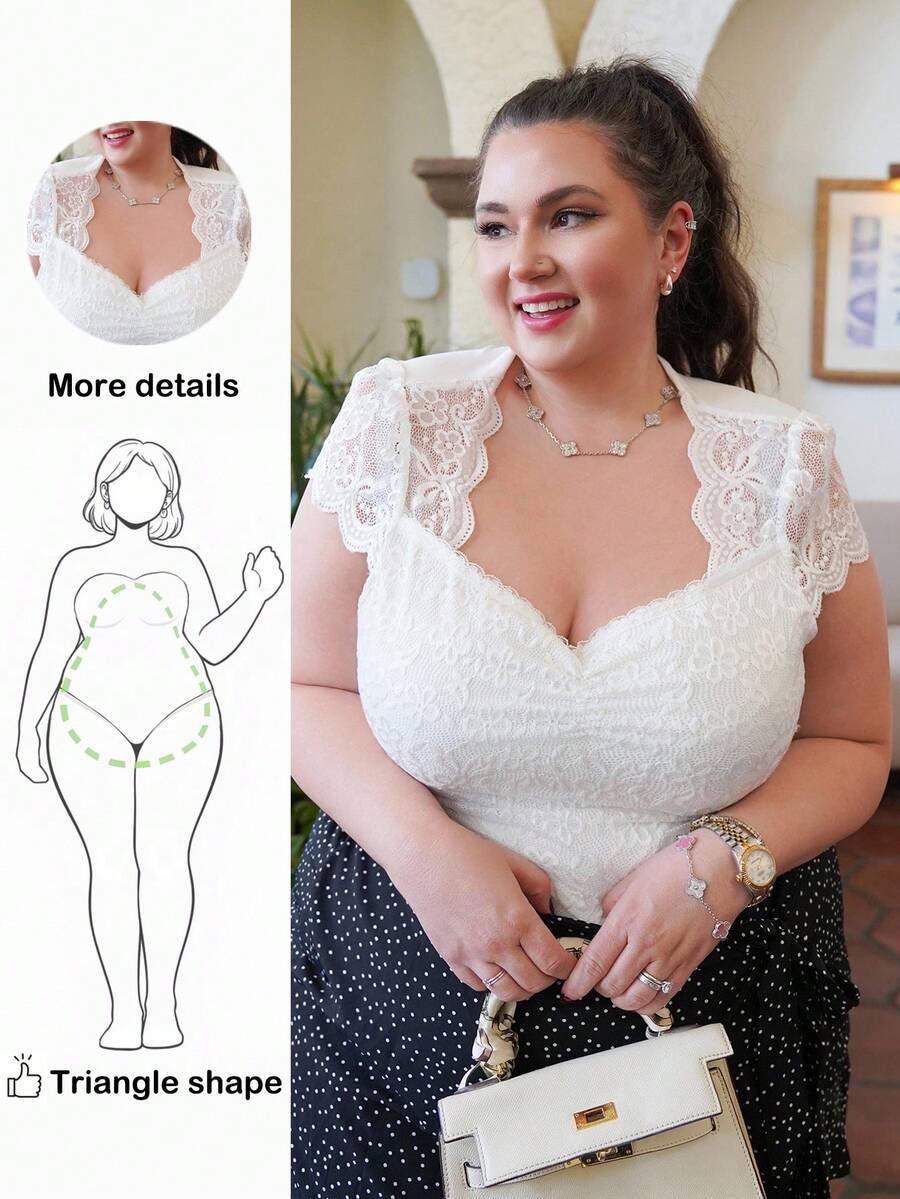 Truni Sometimesglam Elegant Plus Size Women Slim Fit White Lace Sweetheart Neck Blouse, Simple & Romantic, For Pear Triangle Body Shape, For Body Shape, For Summer - White - View 1