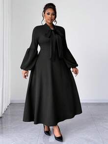 Maweii Women's Spring, Autumn & Winter Puff Sleeve Tie Bow Flare Hem Black Minimalist Elegant Sophisticated Fashion Niche Design Must-Have Daily Versatile Elegant Maxi Dress, Plus Size - Black - View 4