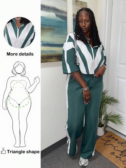 Truni 大码休闲运动长袖前开襟短款上衣和抽绳慢跑裤绿色和白色 2 件套，秋冬