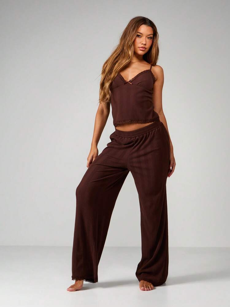 MISSGUIDED Ribbed Lace Trim Cami And Wide Leg Pants Set