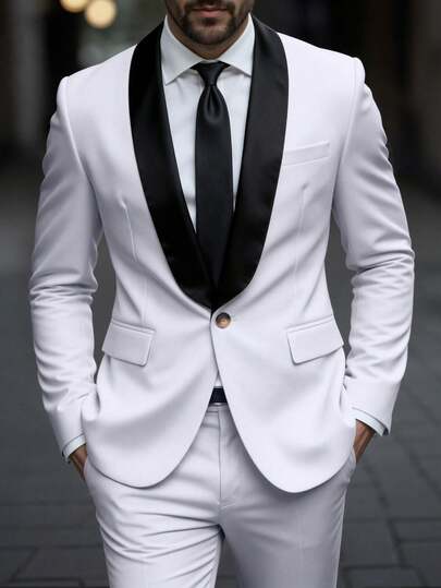 Manfinity Mode 男士时尚通勤撞色披肩领夹克和裤子套装