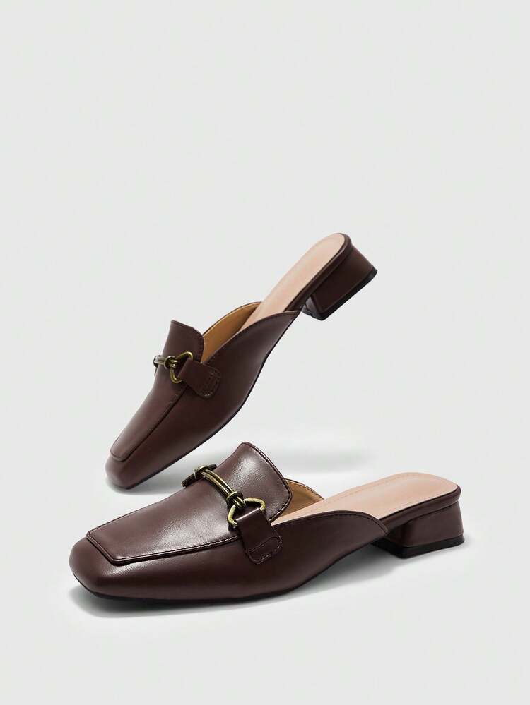 CUCCOO BIZCHIC Women's Low Heel Square Toe Fashion Coffee Color Metal Buckle Comfortable Slip-On Mules, Suitable For Daily, Commute, And Dates For Christmas
