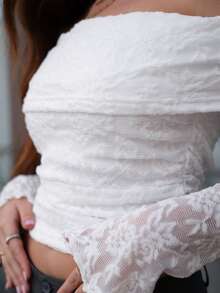 Hitanina Women's Solid Lace Ruffle Off Shoulder Long Sleeve T-Shirt, Suitable For Summer Off The Shoulder Top - White - View 3