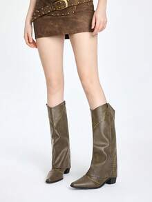 ROMWE Grunge Punk 鉚釘復古女式高筒靴，法式風格，適合較短腿部的多功能西部騎士靴 - 卡其色 - 查看 3